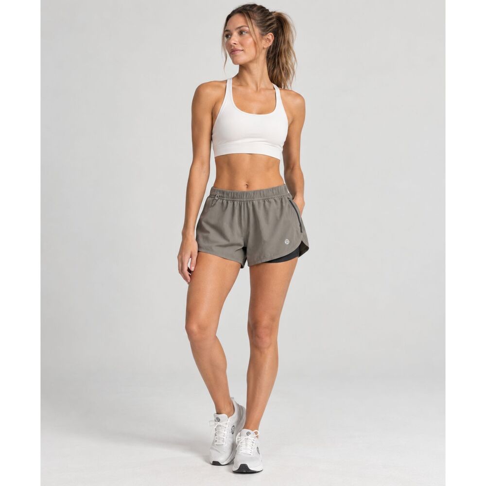 Lululemon Women’s Running Shorts Size M Gray Taupe Built In Liner Zip Pocket